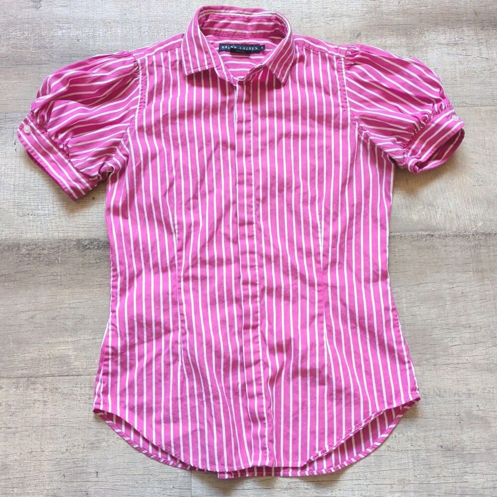 Ralph Lauren Pink White Striped Short Sleeve Puff Sleeve Button Down Shirt Sz 6